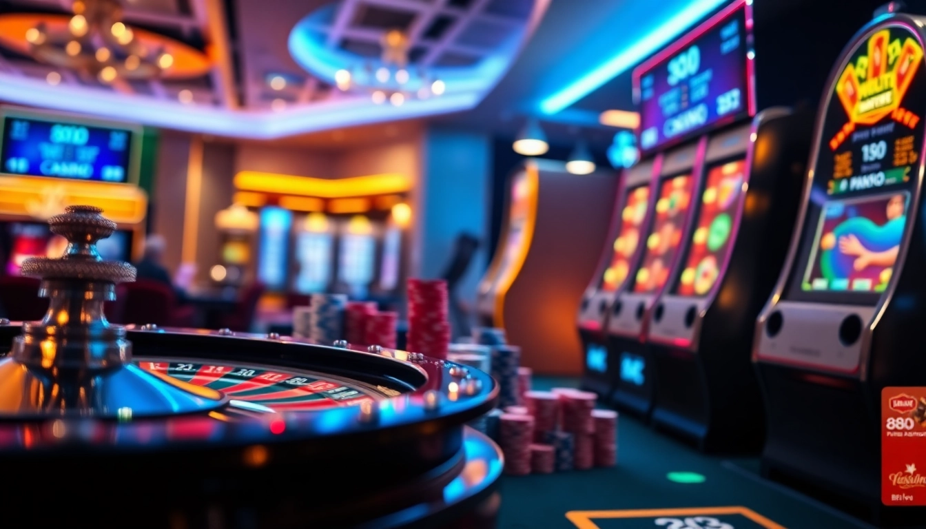 Engaging scene of 888b đăng nhập with luxurious casino interface showcasing poker chips, roulette wheel, and slot machines.