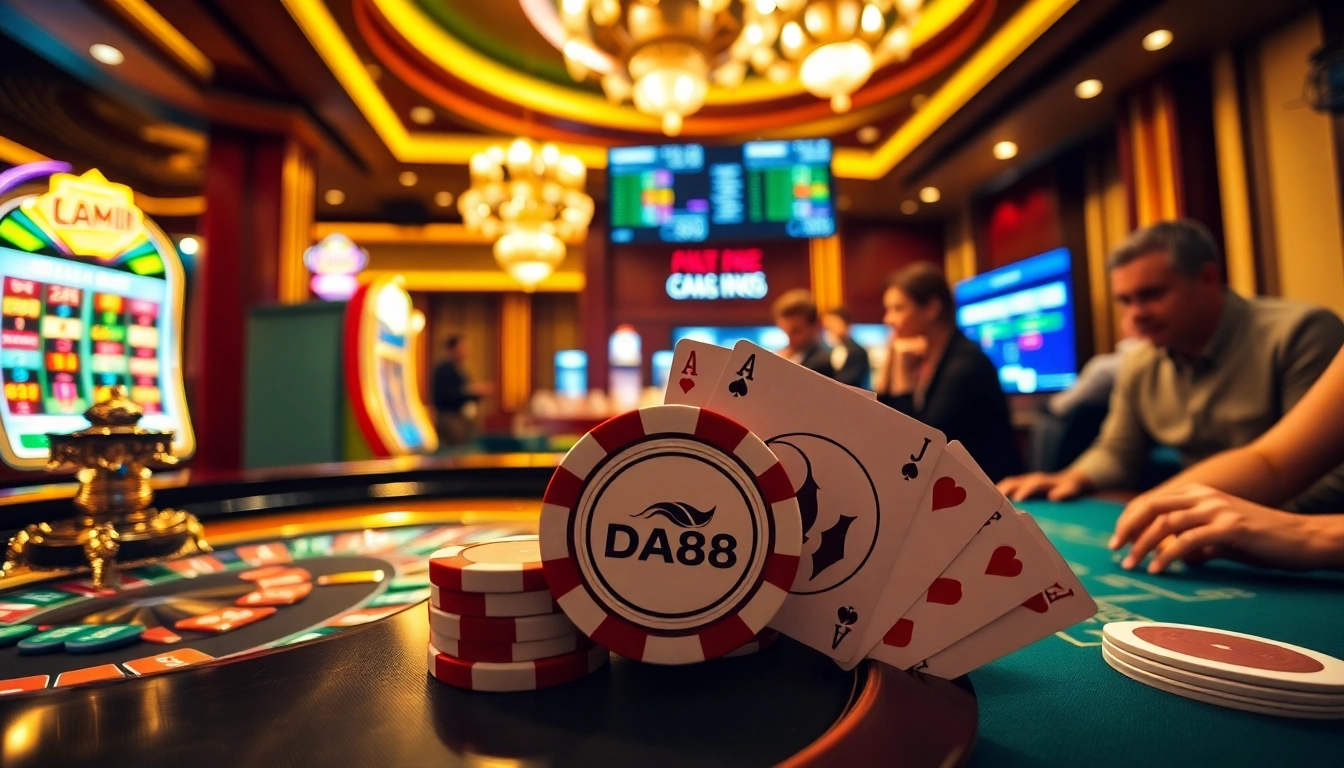 Players enjoy a thrilling poker game at a luxurious casino featuring DA88 chips and vibrant atmosphere.