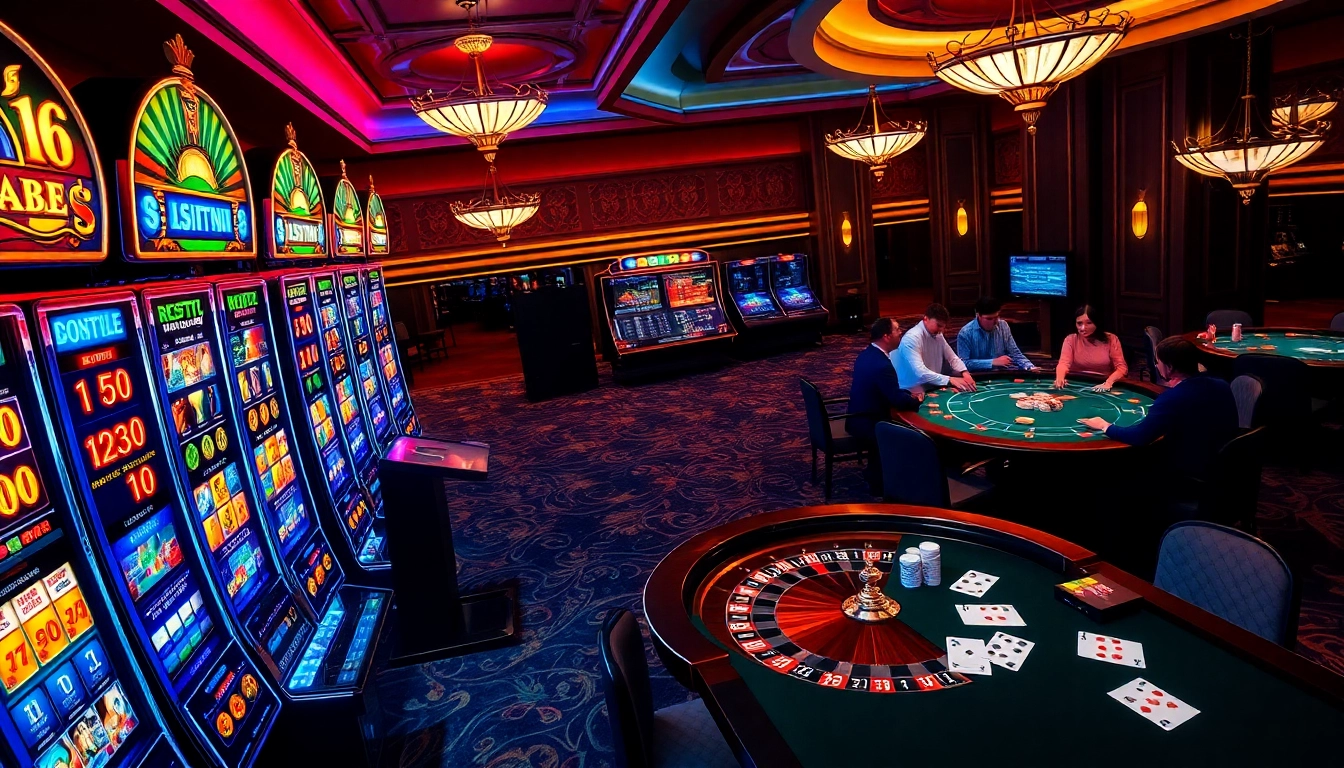 Experience the excitement of gambling with 555win at a luxurious casino filled with vibrant slot machines and tables.