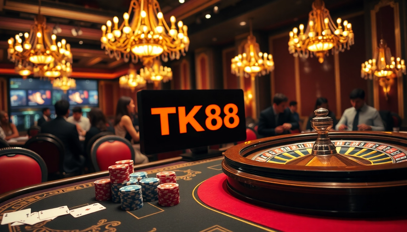 TK88 casino gaming scene with poker chips and playing cards on an elegant table.
