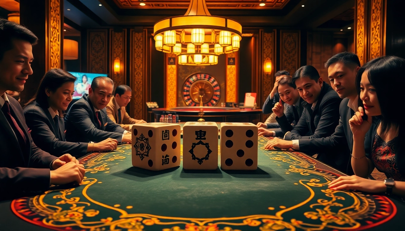 Experience the excitement of tai xiu in a vibrant casino setting with eager players and elegant decor.
