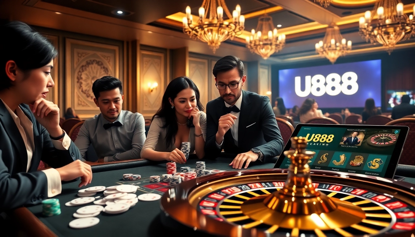 Engaging U888 casino gaming scene with players, cards, and roulette wheel showcasing thrilling atmosphere.