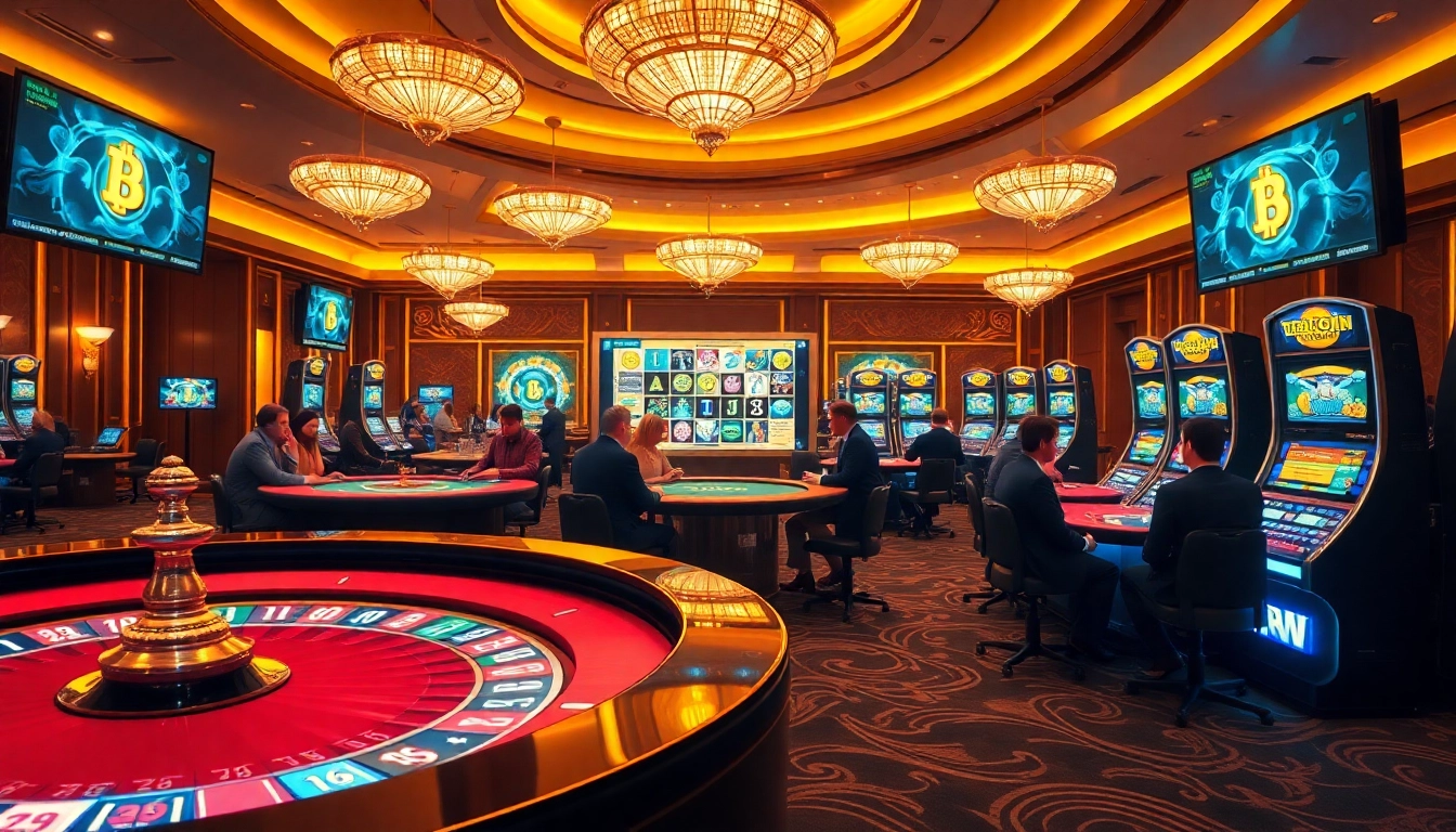 Experience the excitement of casino en ligne Bitcoin with players at vibrant tables, chips, and screens.
