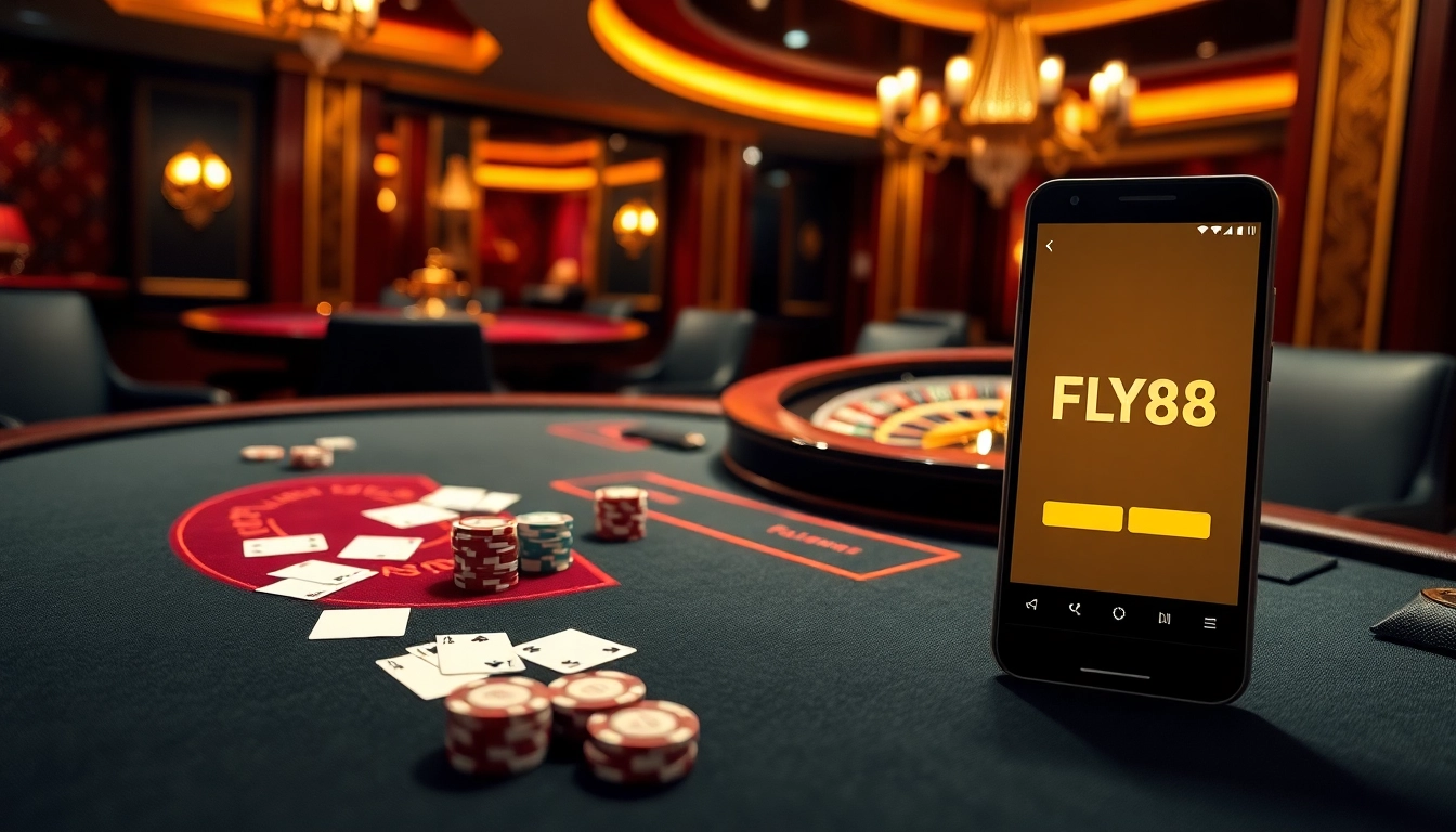 Experience the thrill of tải app FLY88 with a vibrant casino setting featuring cards, chips, and a roulette wheel.