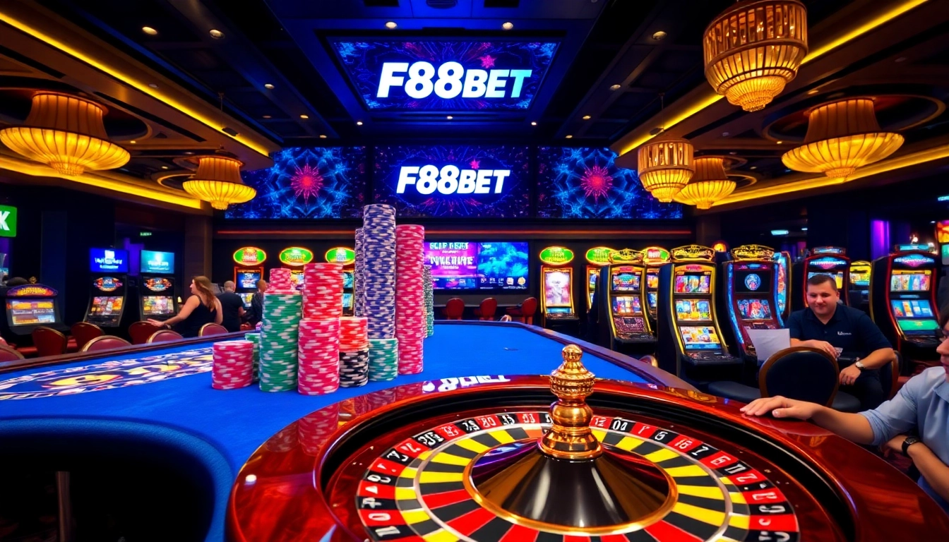Experience thrilling games at F88BET with vibrant casino tables and engaging slot machines.